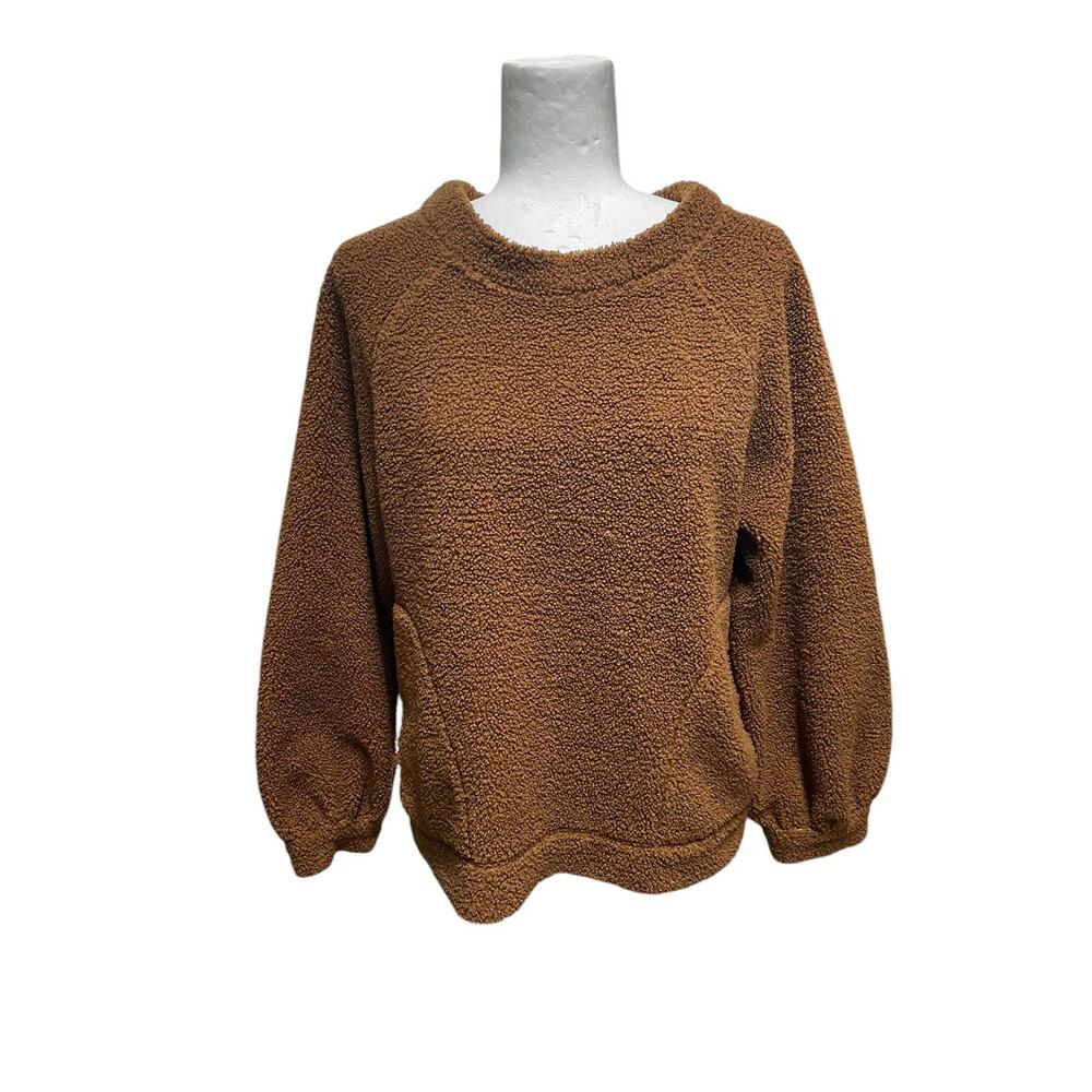 Max Studio Teddy Brown Sherpa Sweater Balloon Sleeve Front Pockets Size Medium